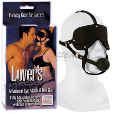 Плотная маска на глаза с кляпом в едином ансамбле LOVER\'S HEADGEAR с фиксацией на голове черного цвета 